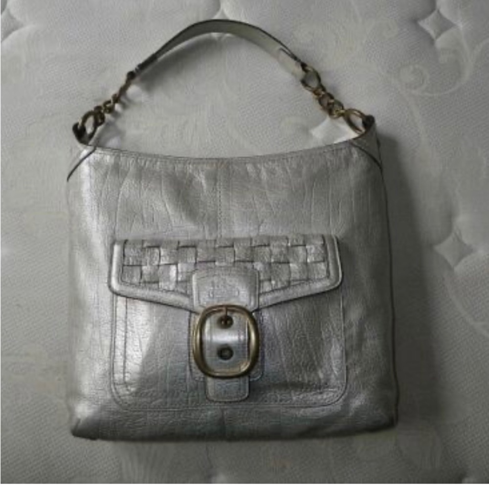 Coach LTD. ED Bleecker Platinum Metallic Woven Pocket Leather Hobo Tote Bag RARE